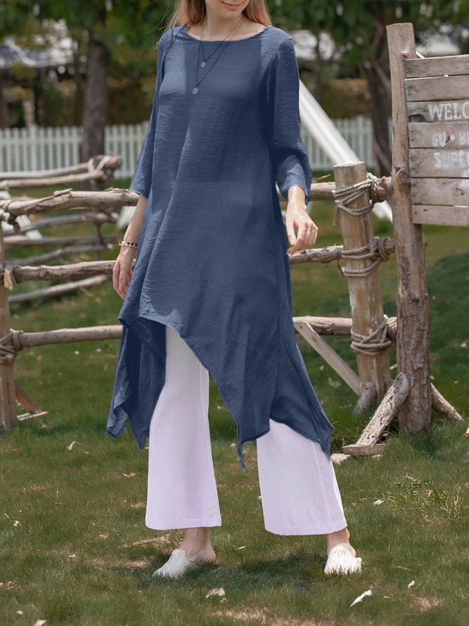 Vintage Asymmetric 3/4 Sleeve Crew Neck Linen Dress