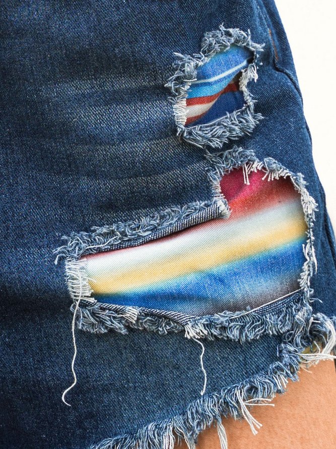 Rainbow stripe western ripped vintage denim shorts