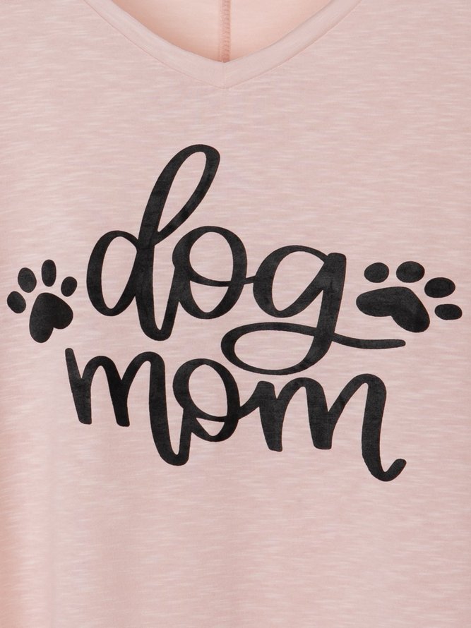 Summer casual basic simple dog mother letter printed V-neck loose T-shirt