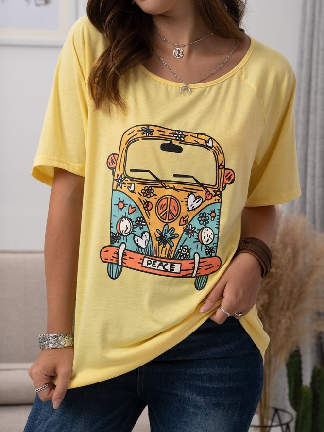 Women Short Sleeve Round Neck Vintage Car Floral Casual Top