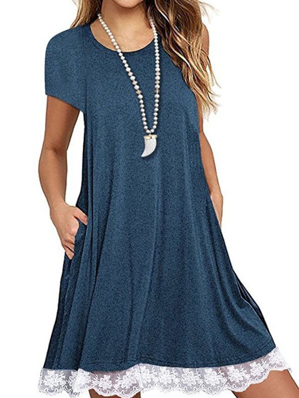 Short Sleeve Lace Summer T-Shirt Dress with Pockets