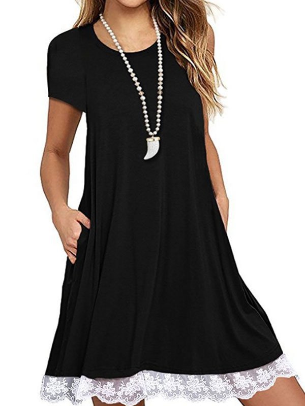 Short Sleeve Lace Summer T-Shirt Dress with Pockets