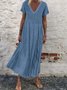 Plain Cotton-Blend V Neck Short Sleeve Weaving Dress