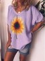 Loose casual sunflower print short sleeve round neck T-shirt