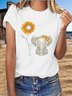 Vintage Short Sleeve Cute Sunflower Elephant Printed Casual Top